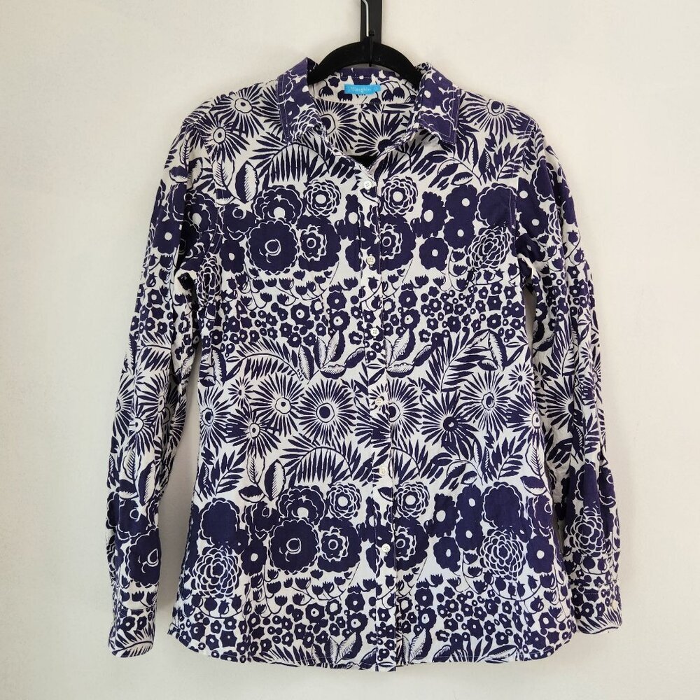 J. McLaughlin Blue White Floral Cotton Button Down Shirt Beachy Long Sleeve XS